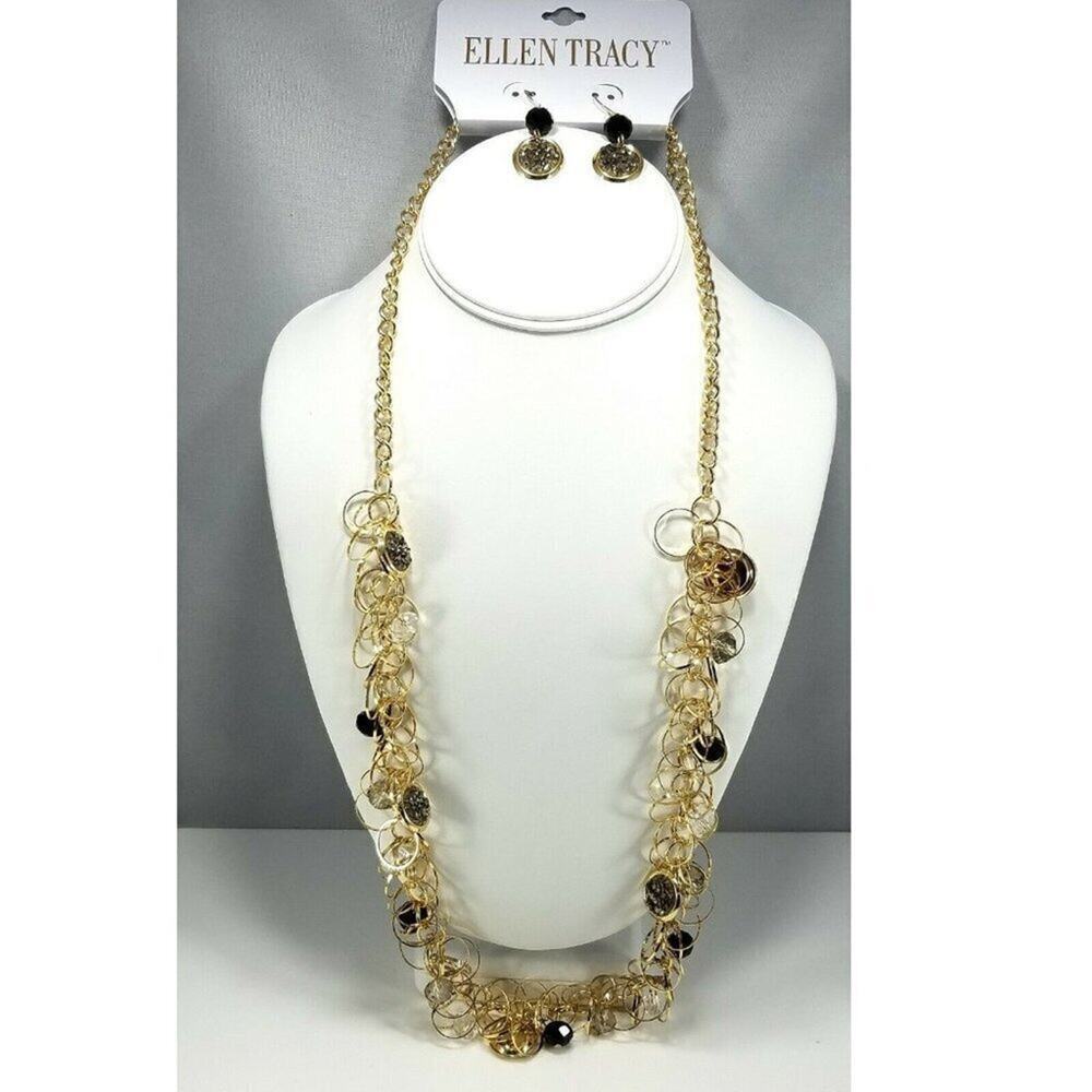 Ellen Tracy Druzy Necklace Set Gray Gold Tone Long Chain Earrings